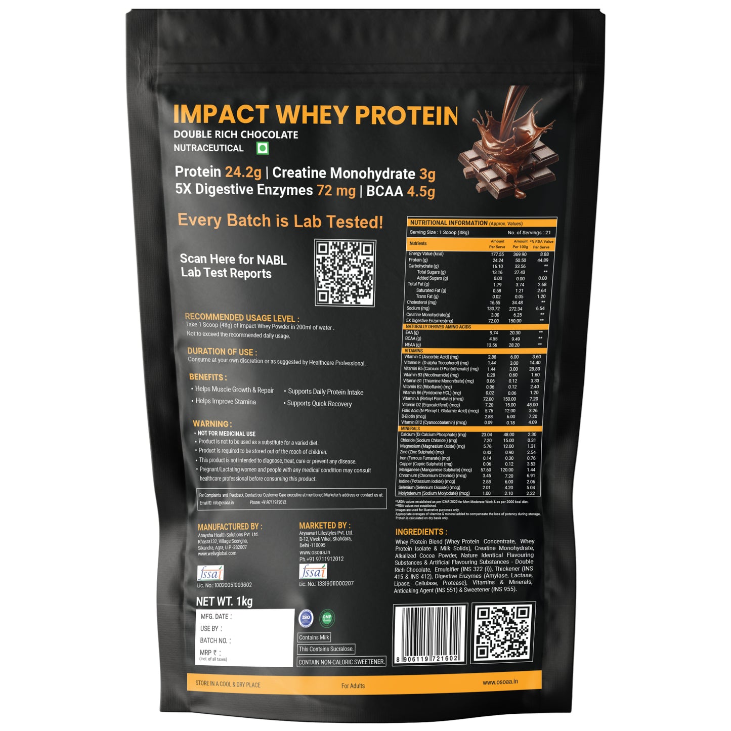 OSOAA Impact Whey Protein (Trustified)- 24.2g Protein with 3g Creatine