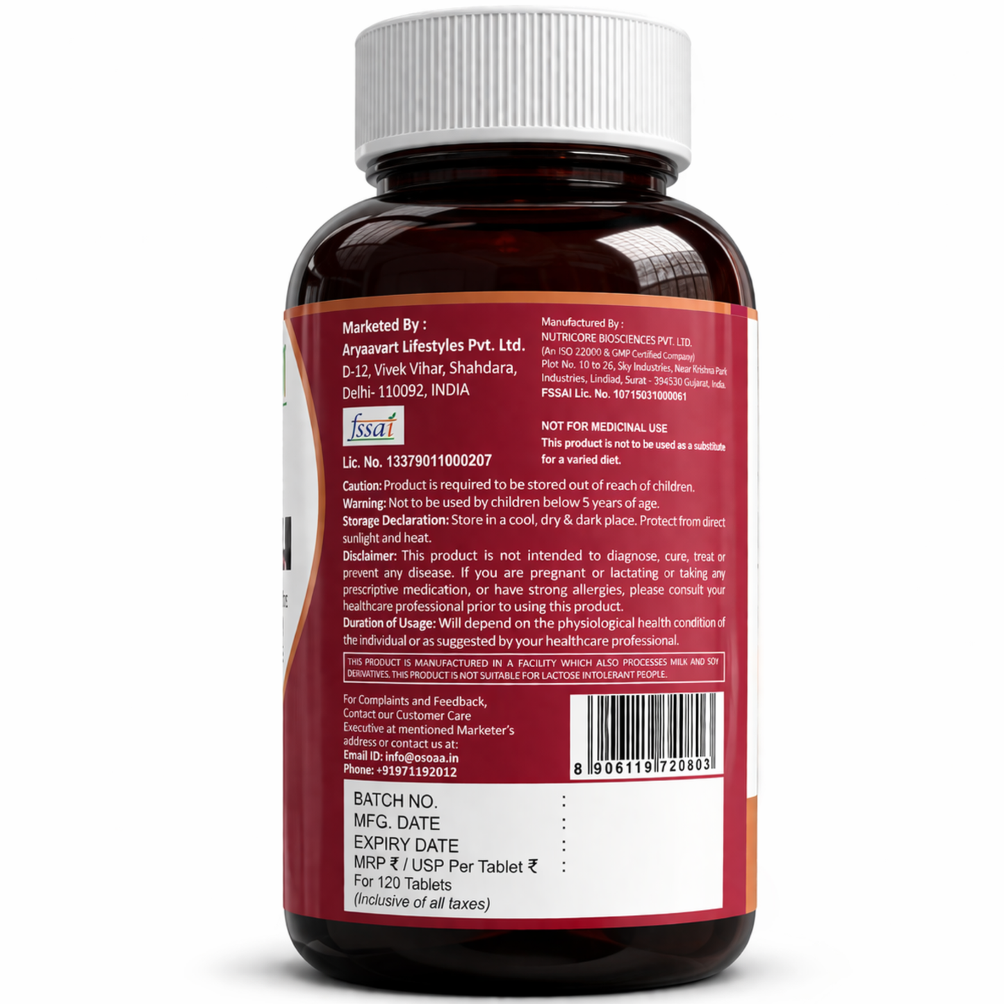 Bottle of supplements with a red label on a white background