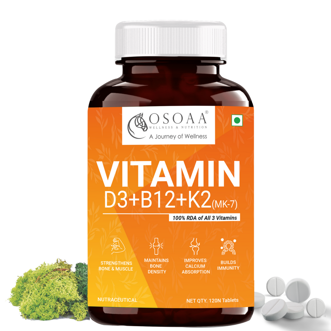 OSOAA Veg Vitamin D3 K2 & B12 - 120 Tabs | Vitashine Lichen Supplement with Vitamin K2(MK7) & B12 for Strengthens Bone & Immunity