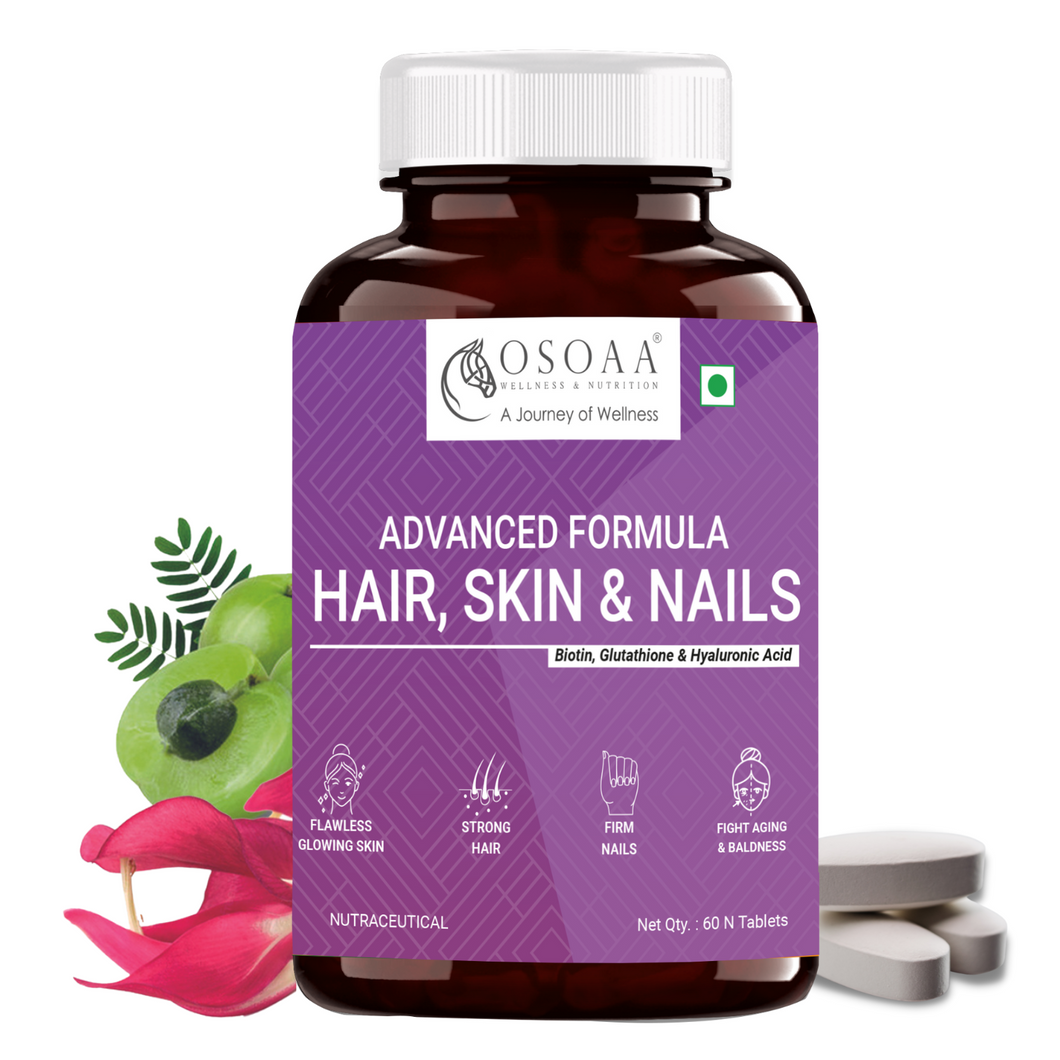 Osoaa Hair Skin & Nails Vitamins 60 Tabs | with Biotin, Glutathione & Hyaluronic Acid | 100% RDA of Vitamin C, E & Iron, 5 DHT Blockers, Collagen Builders