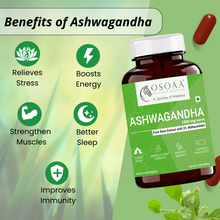 Load image into Gallery viewer, OSOAA Ayurvedic Ashwagandha 1000 mg - 60 Tabs | Root Extract - 5% Withanolides like KSM 66 | Stress &amp; Anxiety Relief, Energy &amp; Endurance | AYUSH Approved
