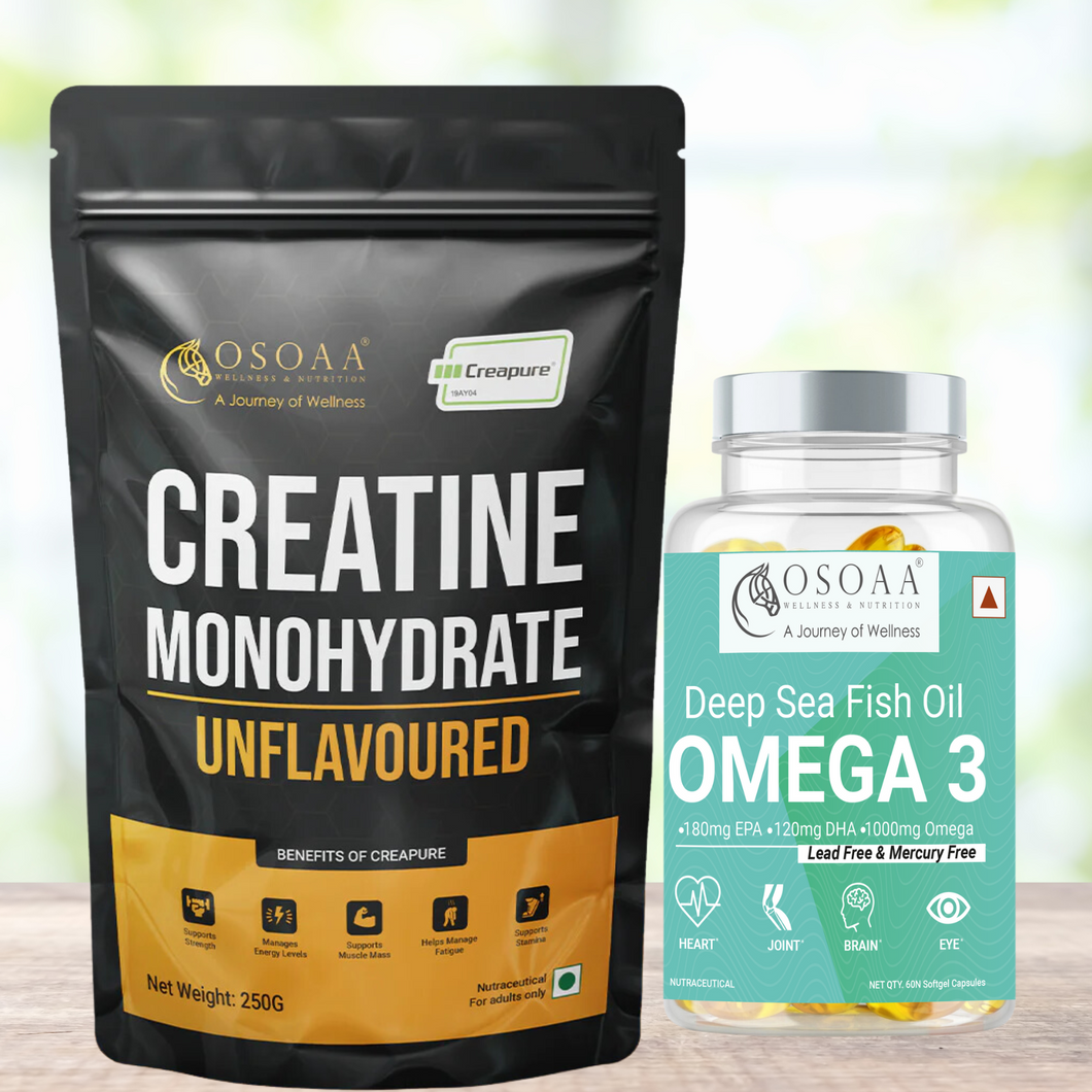 Osoaa German Certified Creatine Monohydrate (CREAPURE) 250g (Unflavored) || 1000mg Omega 3 Deep Fish Oil - 60 Capsules