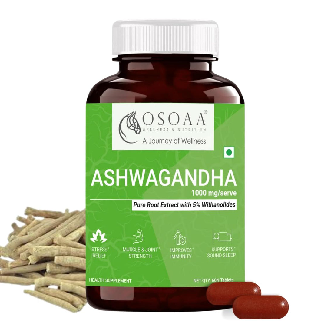 OSOAA Ayurvedic Ashwagandha 1000 mg - 60 Tabs | Root Extract - 5% Withanolides like KSM 66 | Stress & Anxiety Relief, Energy & Endurance | AYUSH Approved