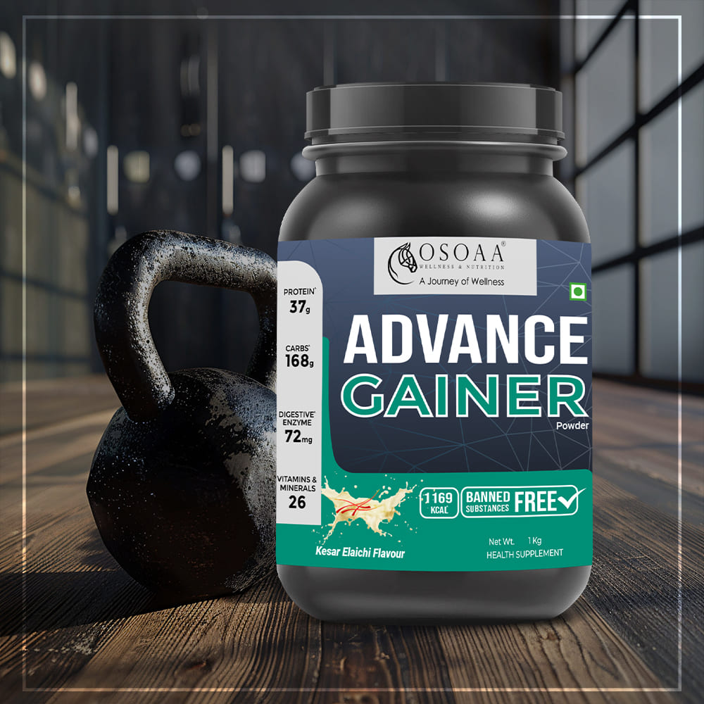 Front view of Gainer supplement bottle featuring bold, athletic packaging with key highlights like 'Supports Muscle Growth', 'High Protein, Low Sugar', 'Helps with Weight Gain and Strength', and 'Packed with Nutrients for Optimal Recovery'.