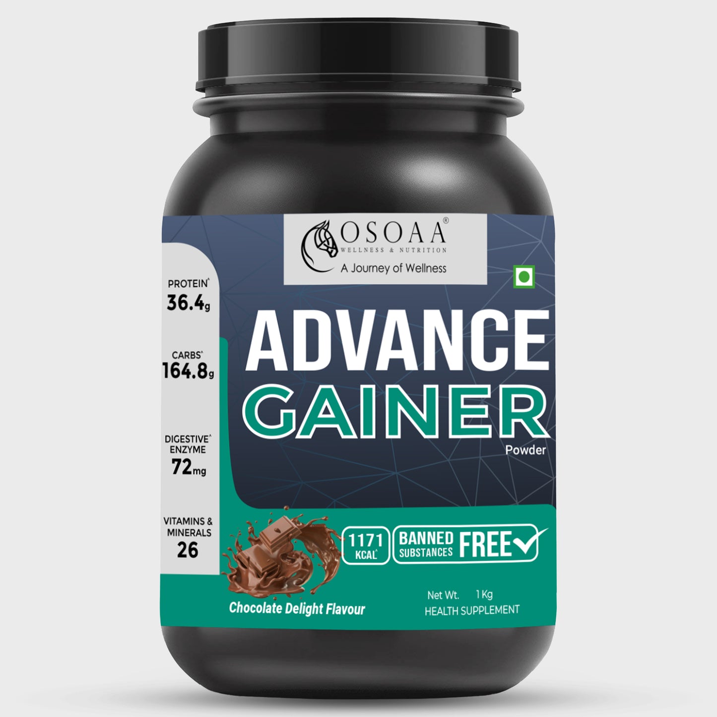 Front view of Advance Gainer supplement jar featuring bold, athletic packaging with key highlights like 'Supports Muscle Growth', 'High Protein, Low Sugar', 'Helps with Weight Gain and Strength', and 'Packed with Nutrients for Optimal Recovery'
