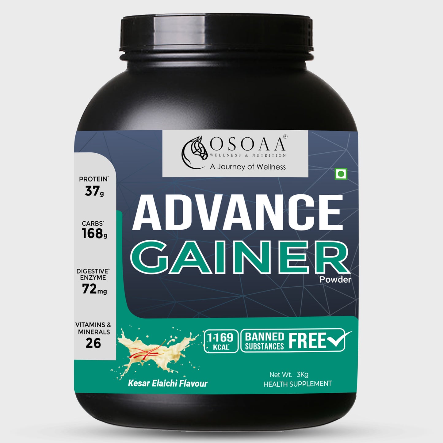 Front view of Gainer supplement bottle featuring bold, athletic packaging with key highlights like 'Supports Muscle Growth', 'High Protein, Low Sugar', 'Helps with Weight Gain and Strength', and 'Packed with Nutrients for Optimal Recovery'.