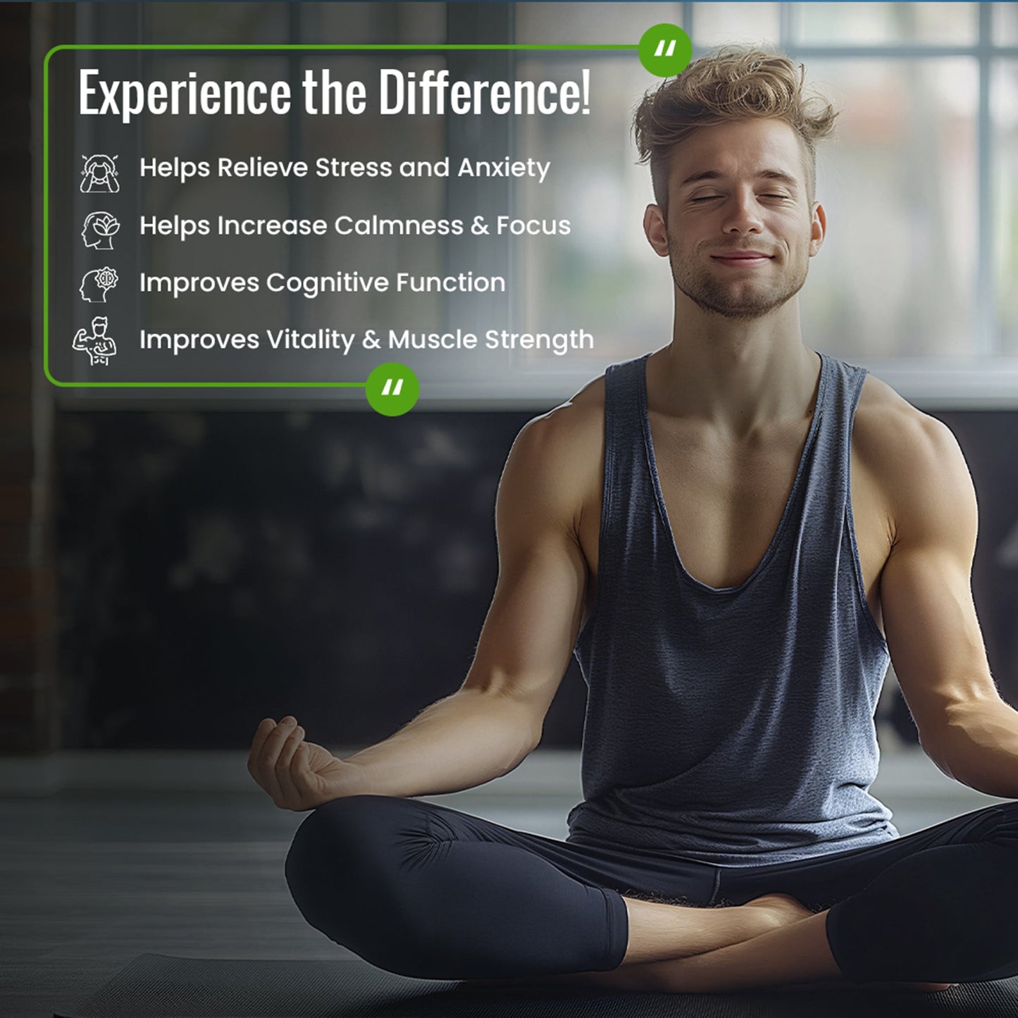 Slide highlighting the benefits of Ashwagandha supplement, including reduced stress and anxiety, improved energy and stamina, enhanced mental clarity, better sleep quality, support for immune function, balanced hormones, and overall wellness