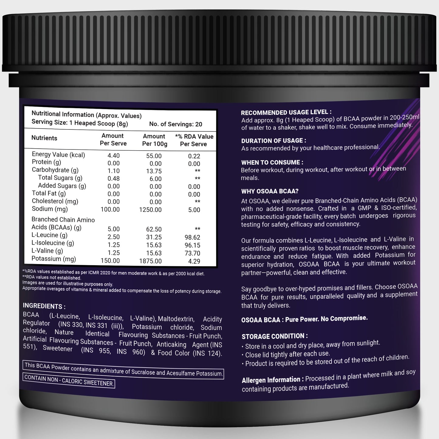 Back view of BCAA supplement bottle displaying the Nutrition Information (NI) table. Includes serving size, the ratio of Leucine, Isoleucine, and Valine, ingredients, recommended dosage, and storage instructions. Clear and easy-to-read layout with product details to guide consumers on usage and benefits.