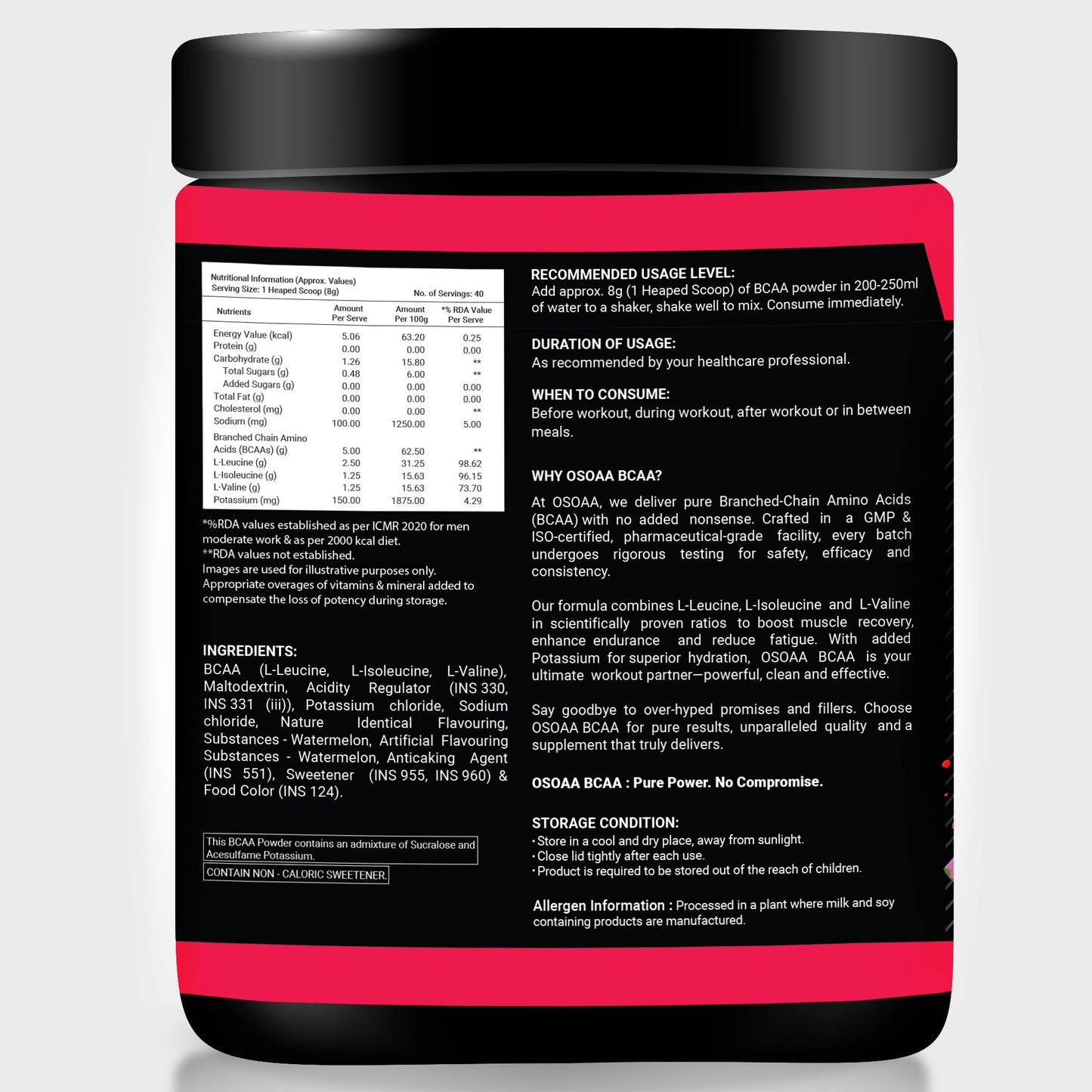 Back view of BCAA supplement bottle displaying the Nutrition Information (NI) table. Includes serving size, the ratio of Leucine, Isoleucine, and Valine, ingredients, recommended dosage, and storage instructions. Clear and easy-to-read layout with product details to guide consumers on usage and benefits.