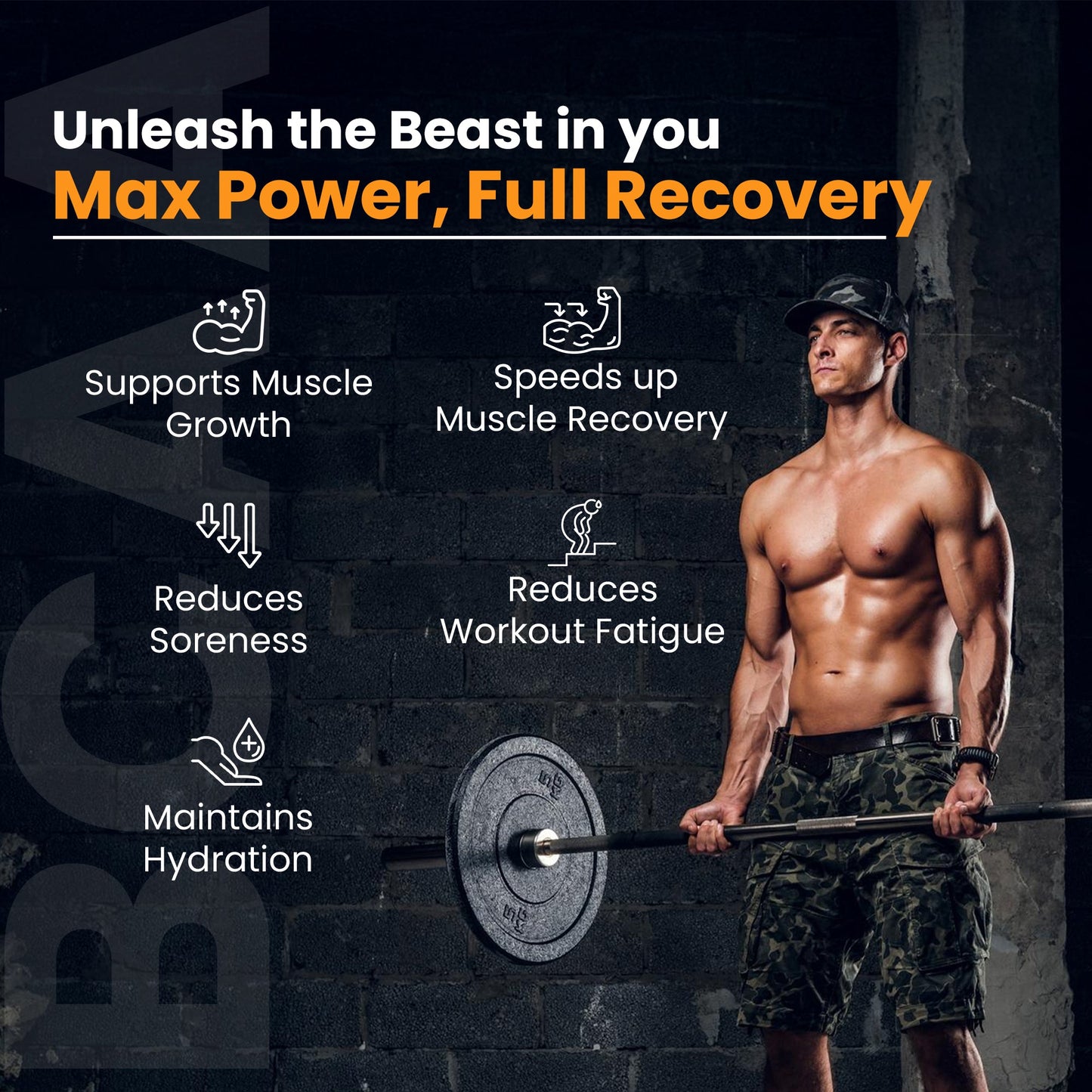 "Slide showcasing the key benefits of BCAA, including faster muscle recovery, reduced muscle soreness, improved endurance during workouts, support for lean muscle growth, and prevention of muscle breakdown. Visuals include athletes training and recovering, with BCAA branding to emphasize the product's role in enhancing performance and muscle recovery