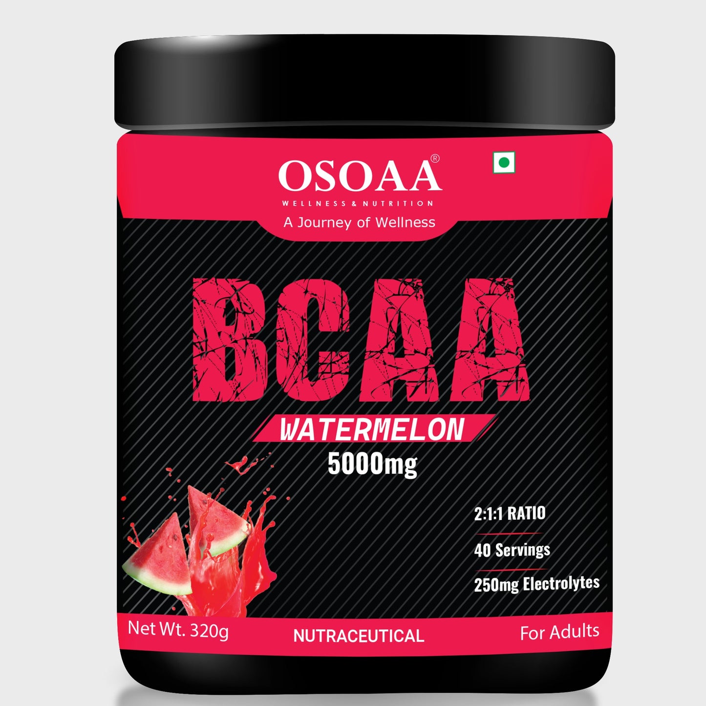 Front view of BCAA supplement bottle featuring prominent branding with key highlights such as 'Supports Muscle Recovery', 'Boosts Endurance', and 'Branched-Chain Amino Acids'. The packaging is vibrant and designed to attract athletes and fitness enthusiasts, emphasizing recovery and performance benefits.