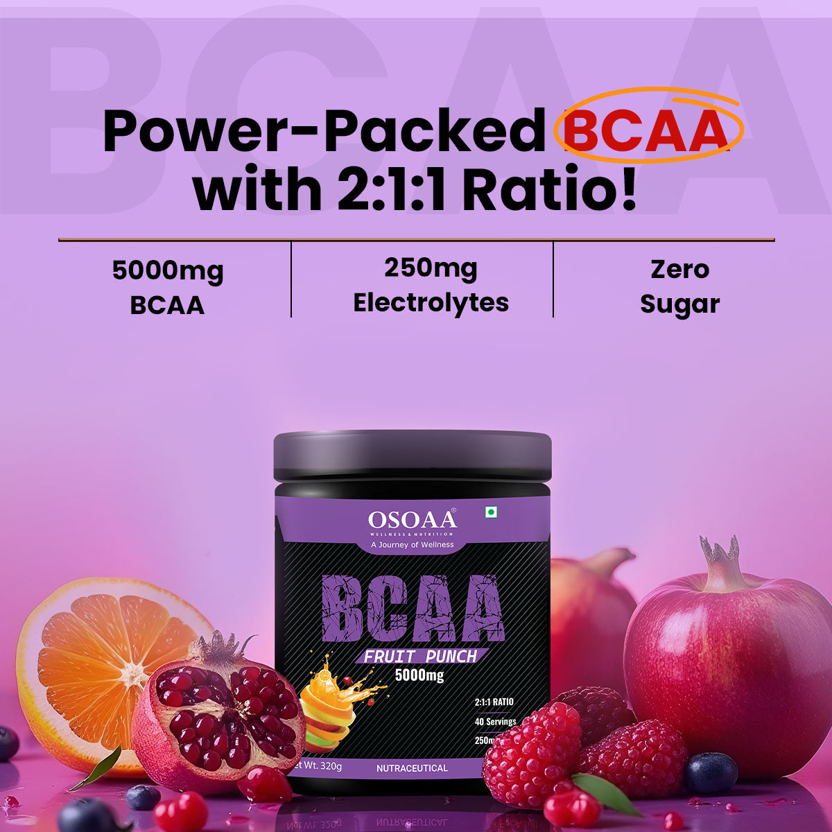 Front view of BCAA supplement bottles in three different flavors: Tangy Orange, Fruit Punch, and Watermelon. Each bottle features vibrant, eye-catching packaging with flavor-specific colors and bold branding highlighting the key benefits like muscle recovery, improved endurance, and support for lean muscle growth. The design is aimed at athletes and fitness enthusiasts looking for a delicious and effective supplement