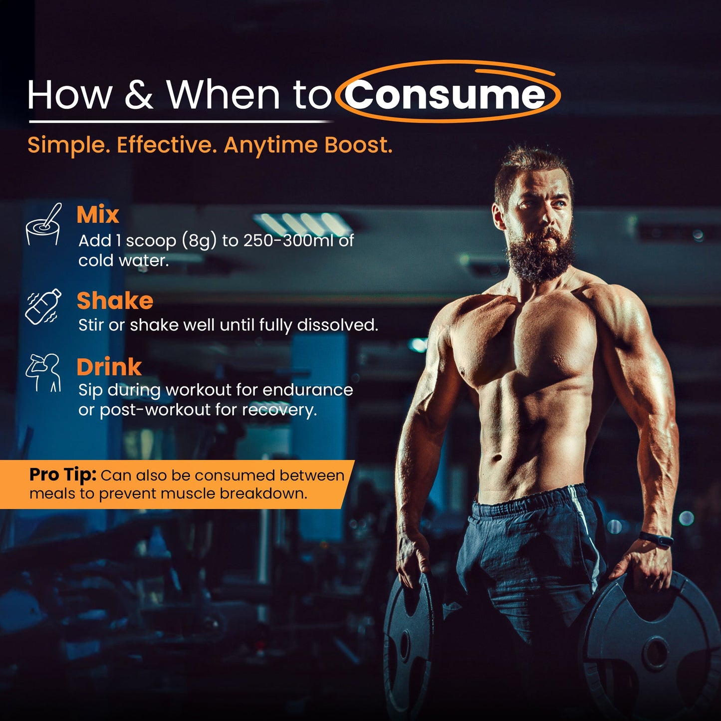 Slide showing the recommended usage of BCAA—mix 1 scoop (approximately 5-10g) with 250-300 ml of water. Consume during or after workouts to support muscle recovery, reduce soreness, and enhance endurance. Visuals include shaker bottles with different BCAA flavors (Tangy Orange, Fruit Punch, Watermelon) to illustrate flavor options and timing.