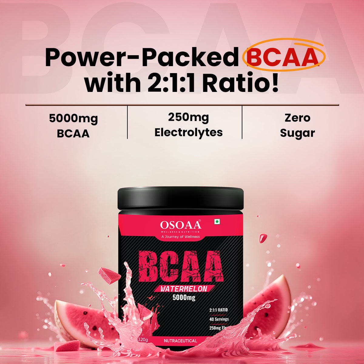 Front view of BCAA supplement bottles in three different flavors: Tangy Orange, Fruit Punch, and Watermelon. Each bottle features vibrant, eye-catching packaging with flavor-specific colors and bold branding highlighting the key benefits like muscle recovery, improved endurance, and support for lean muscle growth. The design is aimed at athletes and fitness enthusiasts looking for a delicious and effective supplement