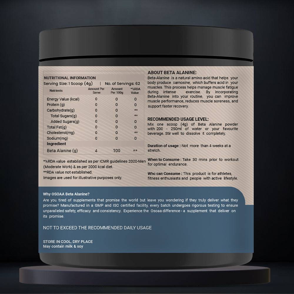 Back label of SOAA Beta Alanine Supplement Powder 250gm showing nutritional facts, usage instructions, and product benefits for fitness enthusiasts.