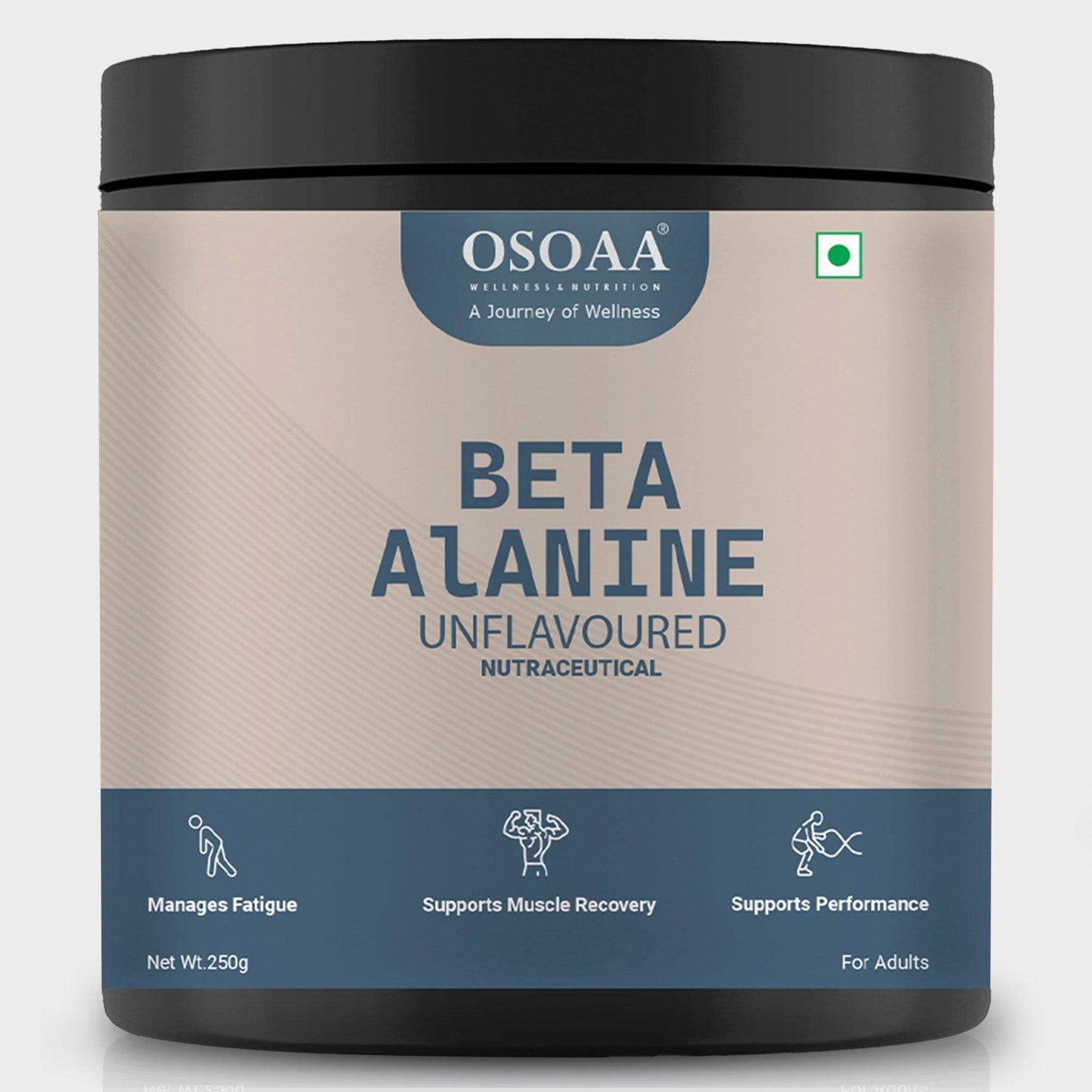 SOAA Beta Alanine Supplement Powder 250gm (Unflavored) jar with product benefits like fatigue management, muscle recovery, and performance support.
