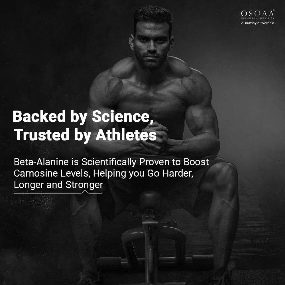 Athlete sitting in gym promoting SOAA Beta Alanine Supplement Powder as scientifically proven to boost carnosine levels for strength and stamina.