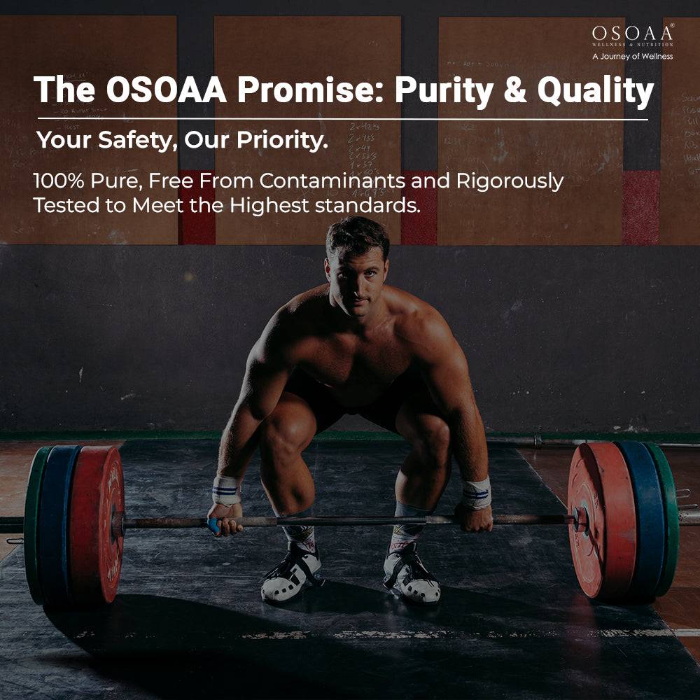 Weightlifter in gym emphasizing SOAA Beta Alanine Supplement Powder's purity, safety, and high-quality standards for fitness performance.