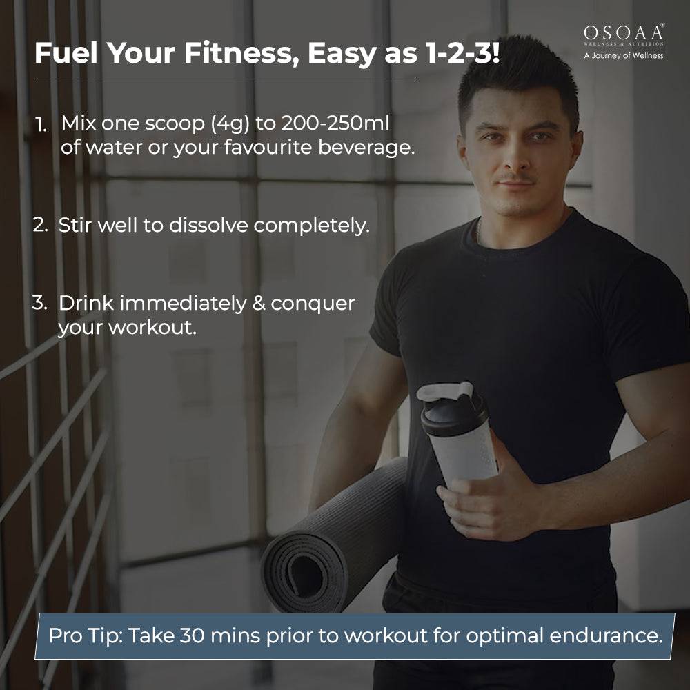 Man holding shaker bottle with instructions for using SOAA Beta Alanine Supplement Powder to boost workout endurance and performance.