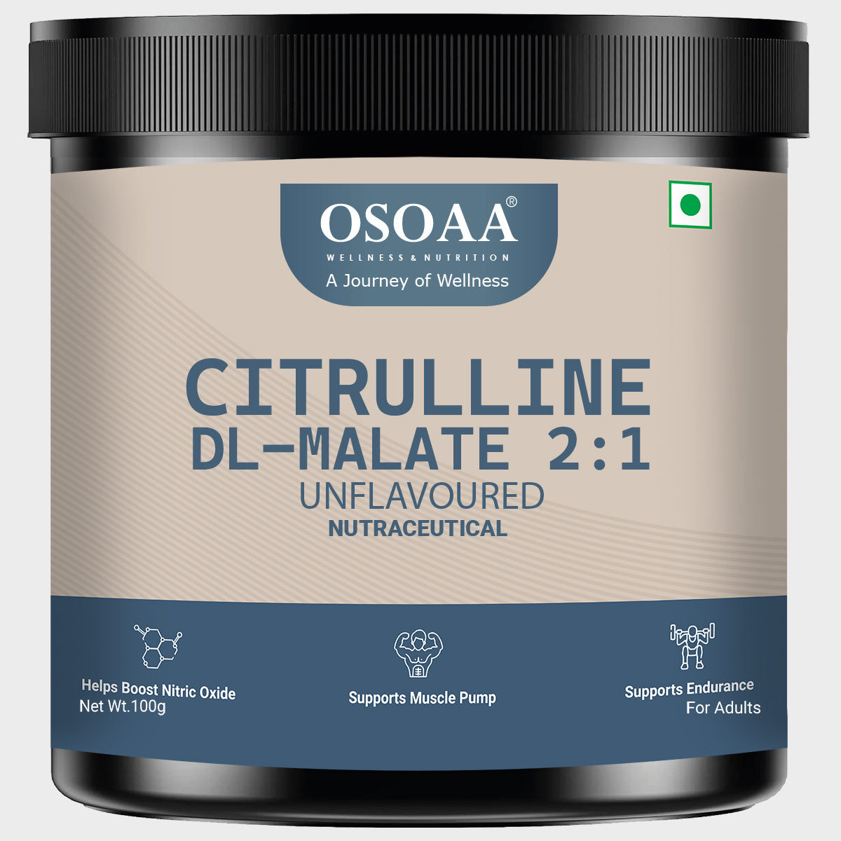 "Front view of Citrulline supplement bottle featuring bold branding with key highlights like 'Boosts Nitric Oxide Levels', 'Enhances Blood Flow & Performance', and '100% Pure Citrulline'. The packaging is clean and sleek, aimed at athletes and fitness enthusiasts seeking improved endurance and muscle pump during workouts."