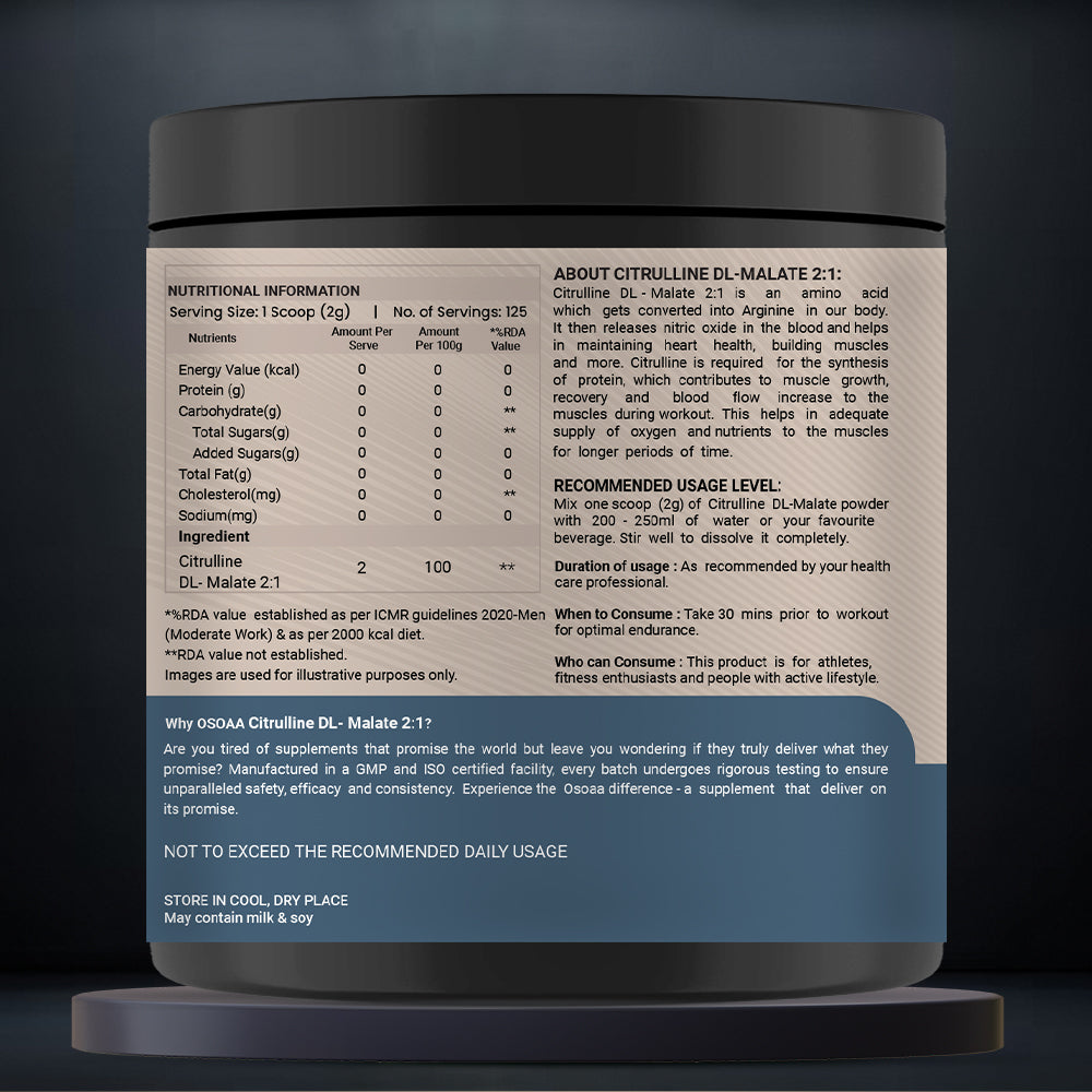 Back view of supplement bottle displaying the Nutrition Information (NI) table. Includes serving size, 100% pure content, recommended dosage, ingredients, and storage instructions. Clear and concise layout with all essential product details for consumer clarity.