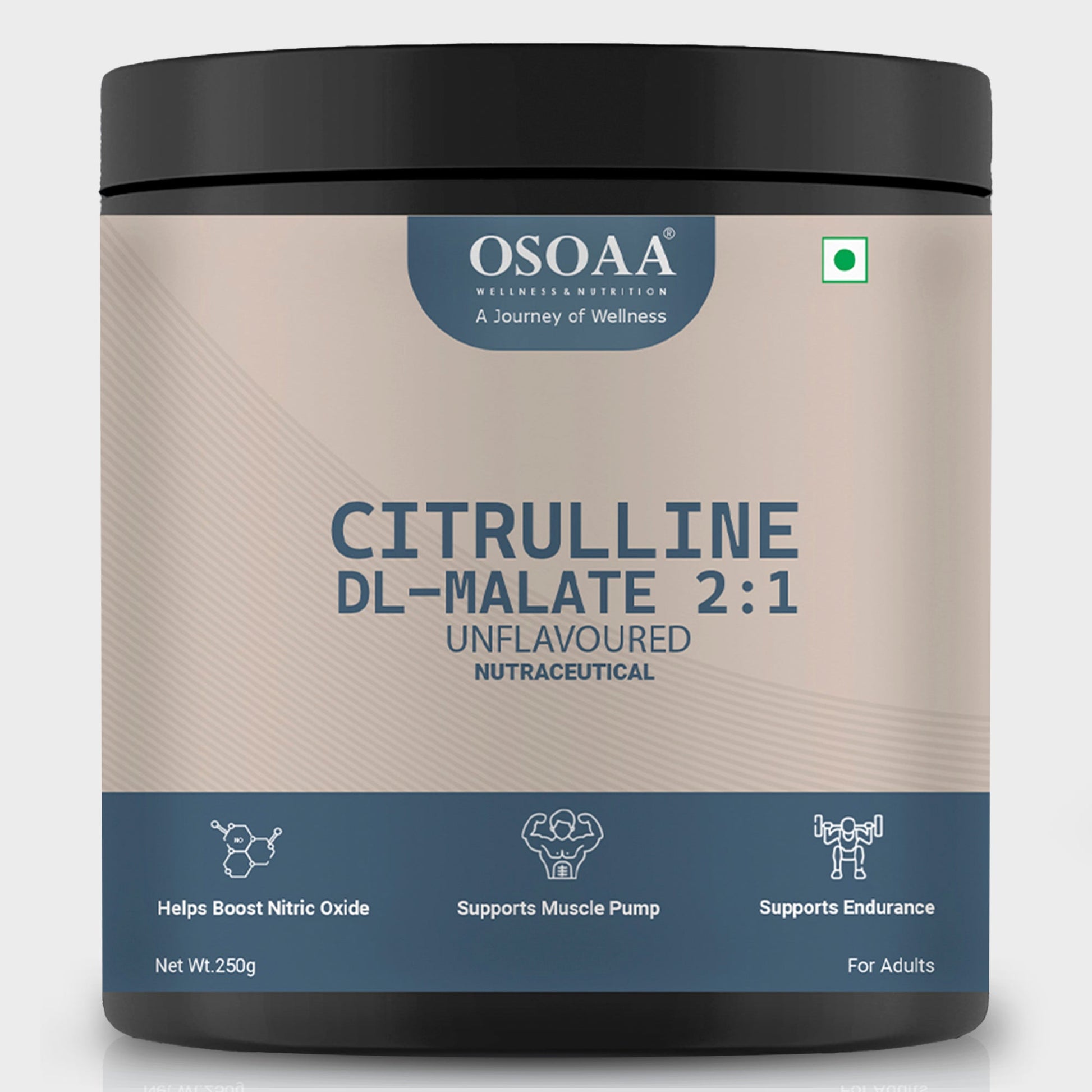 "Front view of Citrulline supplement bottle featuring bold branding with key highlights like 'Boosts Nitric Oxide Levels', 'Enhances Blood Flow & Performance', and '100% Pure Citrulline'. The packaging is clean and sleek, aimed at athletes and fitness enthusiasts seeking improved endurance and muscle pump during workouts."