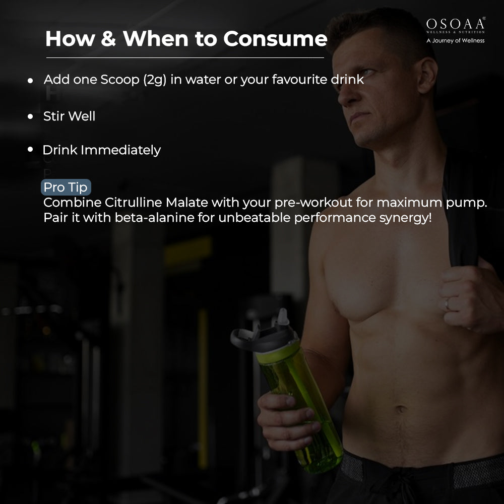 Slide showing the recommended usage—take 2  grams (1 scoop) with water or your preferred beverage, 30 minutes before exercise to support blood flow, endurance, and performance. Visuals include a scoop of powder, shaker bottle, and workout gear to illustrate optimal timing and application.