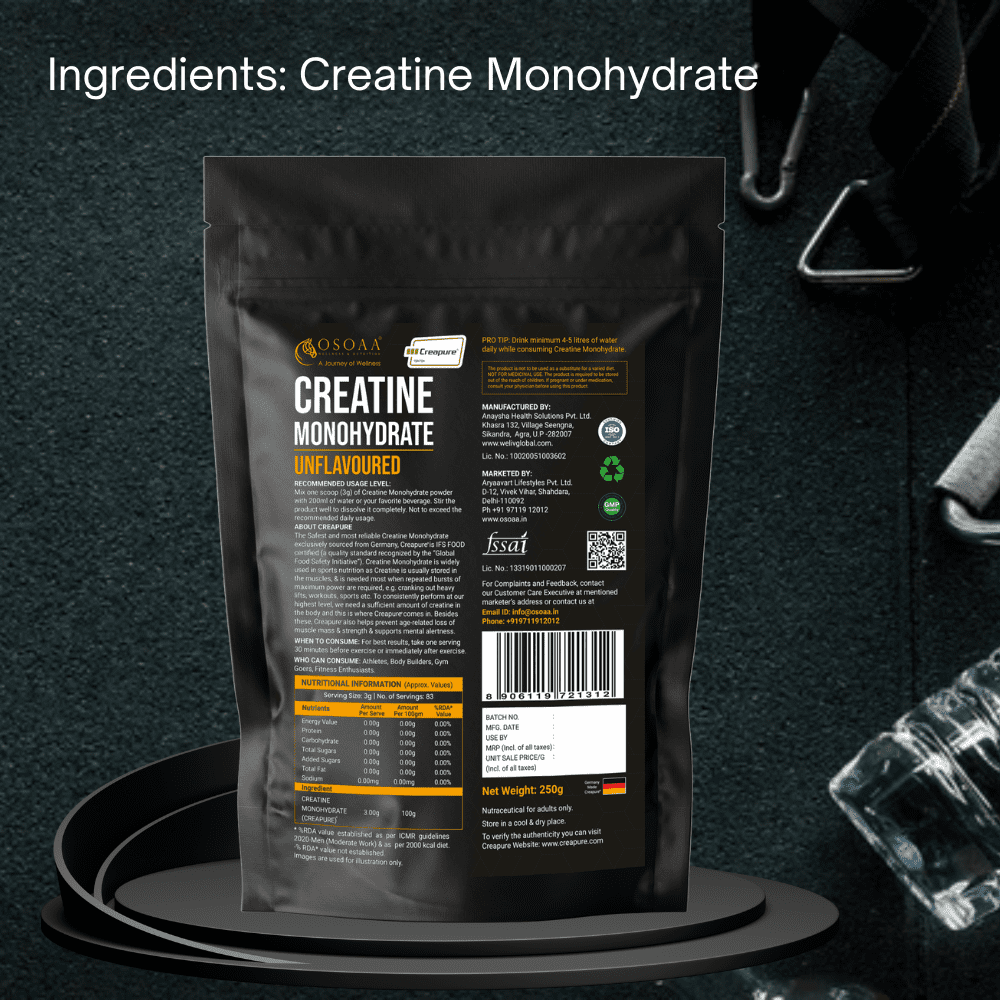Back view of Creapure Creatine supplement bottle displaying the Nutrition Information (NI) table, including details on serving size, creatine content per serving, and other ingredients. Also includes storage instructions, recommended daily intake, and manufacturer details.
