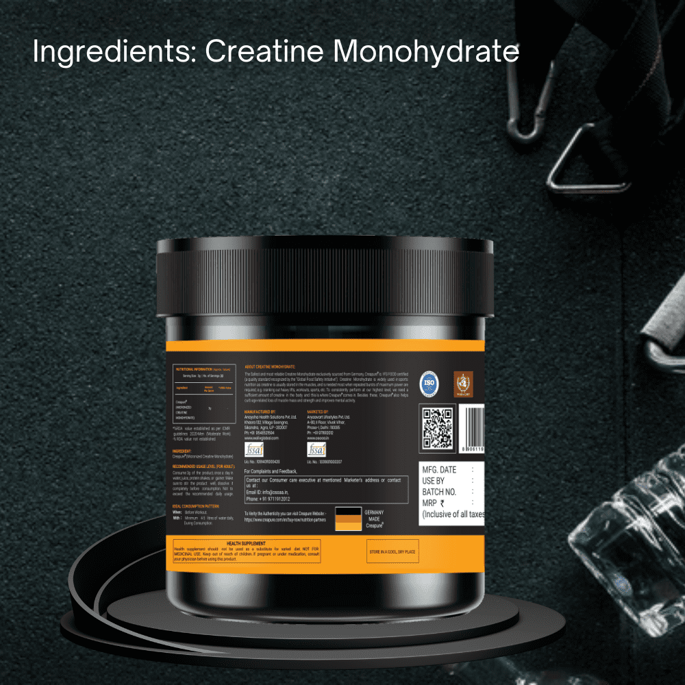 Back view of Creapure Creatine supplement bottle displaying the Nutrition Information (NI) table, including details on serving size, creatine content per serving, and other ingredients. Also includes storage instructions, recommended daily intake, and manufacturer details.