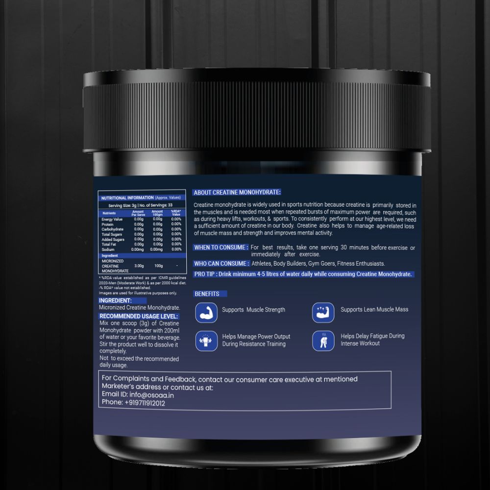 Back view of Creatine supplement bottle displaying the Nutrition Information (NI) table, including details on serving size, creatine content per serving, and other ingredients. Also includes storage instructions, recommended daily intake, and manufacturer details.