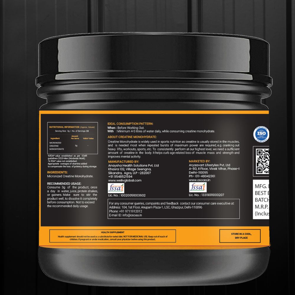 Back view of Creatine supplement bottle displaying the Nutrition Information (NI) table, including details on serving size, creatine content per serving, and other ingredients. Also includes storage instructions, recommended daily intake, and manufacturer details.
