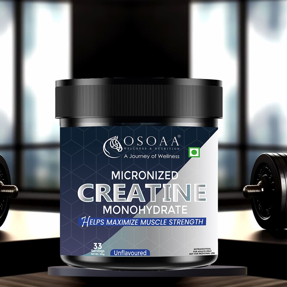 Front view of Creatine supplement packaging, featuring a clean design with key highlights like '100% Pure Creatine Monohydrate', 'Supports Muscle Growth & Strength', 'Scientifically Tested', and 'Made with High-Quality