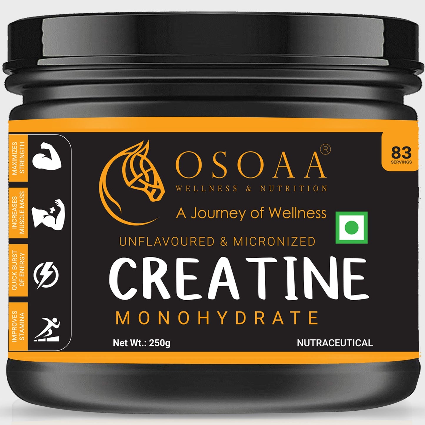Front view of Creatine supplement packaging, featuring a clean design with key highlights like '100% Pure Creatine Monohydrate', 'Supports Muscle Growth & Strength', 'Scientifically Tested', and 'Made with High-Quality, Pure Creatine.