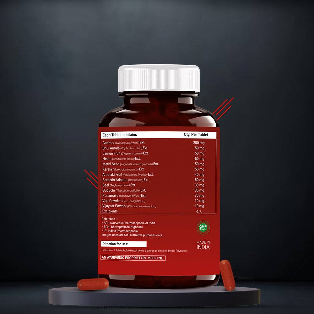 Back view of Diabetos supplement bottle showing the Nutrition Information (NI) table, listing detailed amounts of key ingredients like Bitter Melon, Gymnema Sylvestre, and Cinnamon, along with serving size, calories, recommended daily intake, and other important nutritional details. Includes storage instructions, usage recommendations, and manufacturer details.