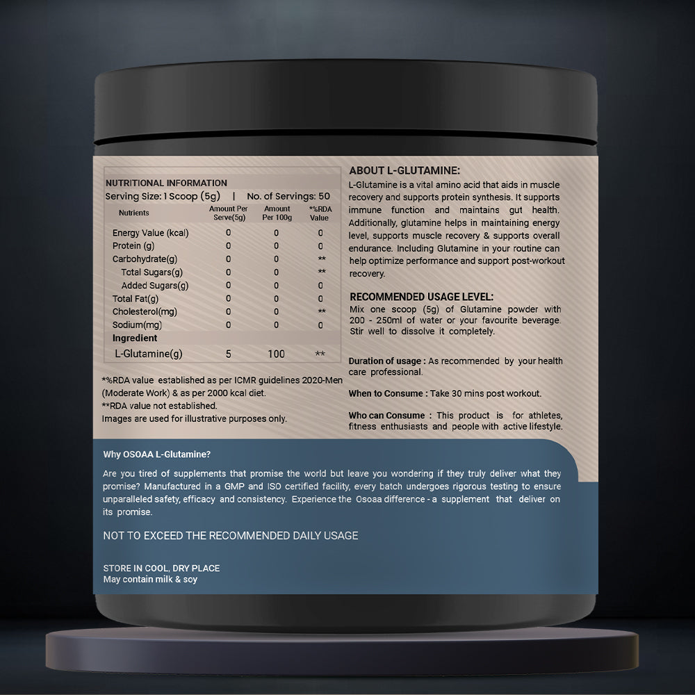 Back view of Glutamine supplement bottle displaying the Nutrition Information (NI) table. Includes serving size (5g), ingredients (100% L-Glutamine), recommended usage instructions, storage guidelines, and manufacturer details. Clean layout with clear, easy-to-read nutritional facts and certifications.