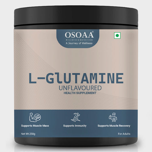 Front view of Glutamine supplement bottle featuring bold branding with key highlights like '100% Pure L-Glutamine', 'Supports Muscle Recovery & Immunity', and 'Unflavored – Easy to Mix'. Clean and professional packaging design aimed at athletes and fitness enthusiasts.