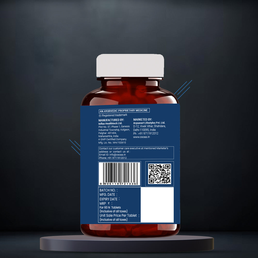 Back view of Gokhru Shilajit supplement bottle showing detailed supplement facts, including ingredients list with Gokhru and Shilajit extract concentrations, usage instructions, nutritional information ,storage directions, caution notes, manufacturing details, and certification logos like FSSAI or GMP.