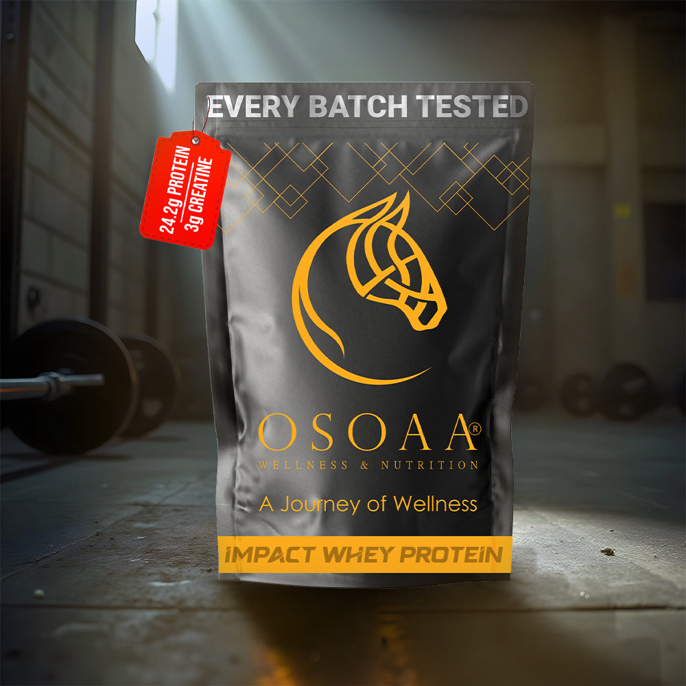 Front view of Impact Whey Protein pouch featured on the homepage. Showcases bold branding and clean packaging with flavor label and key highlights like high protein content per serving, fast absorption, and ideal for muscle growth and recovery. Perfect for fitness enthusiasts and athletes.