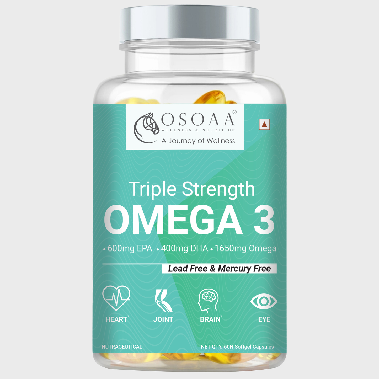 Front view of Triple strength Omega supplement bottle featuring clean, premium packaging with highlights like 'Omega-3 Fish Oil', 'Rich in EPA & DHA', 'Supports Heart, Brain & Joint Health', and 'Molecularly Distilled for Purity'