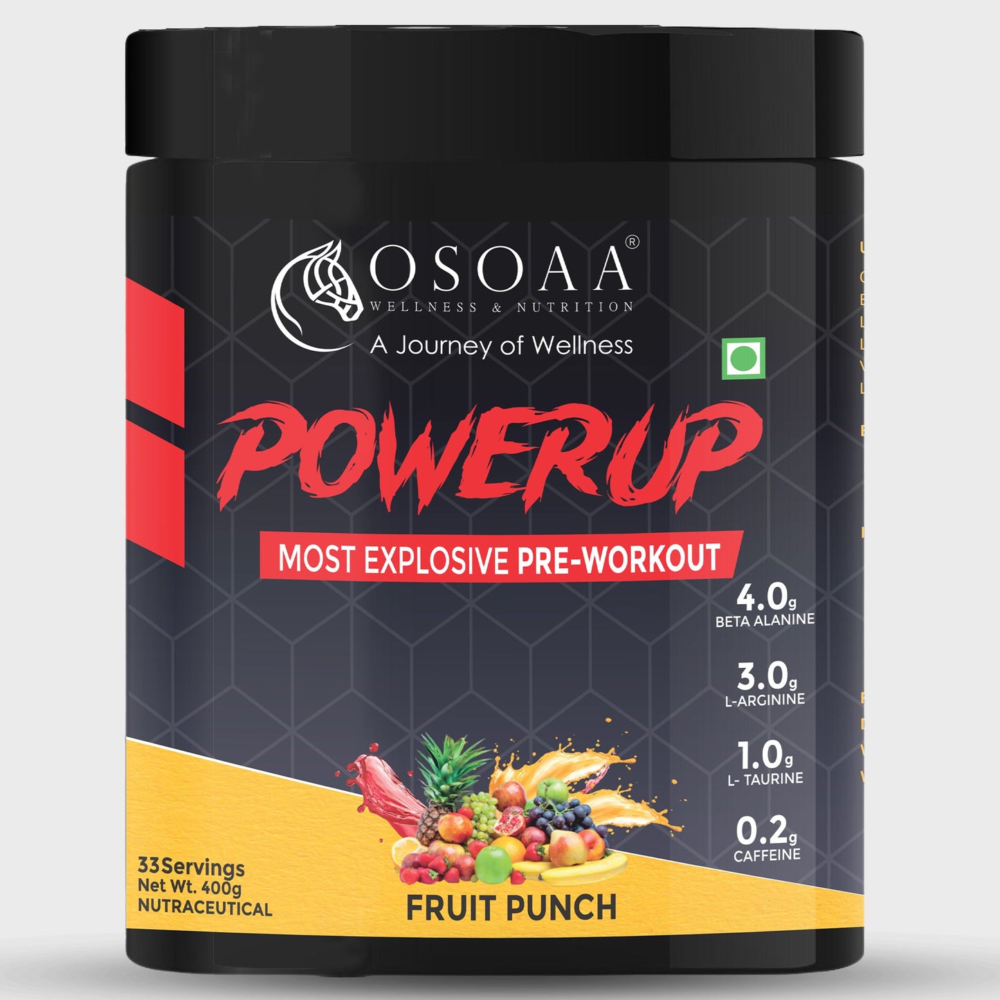 Front view of PowerUp Pre-Workout supplement tub featuring bold branding with energetic design. Highlights include key ingredients like caffeine, beta-alanine, and L-citrulline. Packaging emphasizes enhanced focus, explosive energy, and performance support for intense workouts.