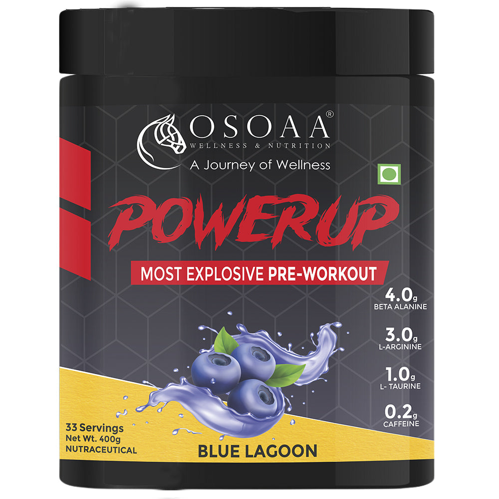 Front view of PowerUp Pre-Workout supplement tub featuring bold branding with energetic design. Highlights include key ingredients like caffeine, beta-alanine, and L-citrulline. Packaging emphasizes enhanced focus, explosive energy, and performance support for intense workouts.