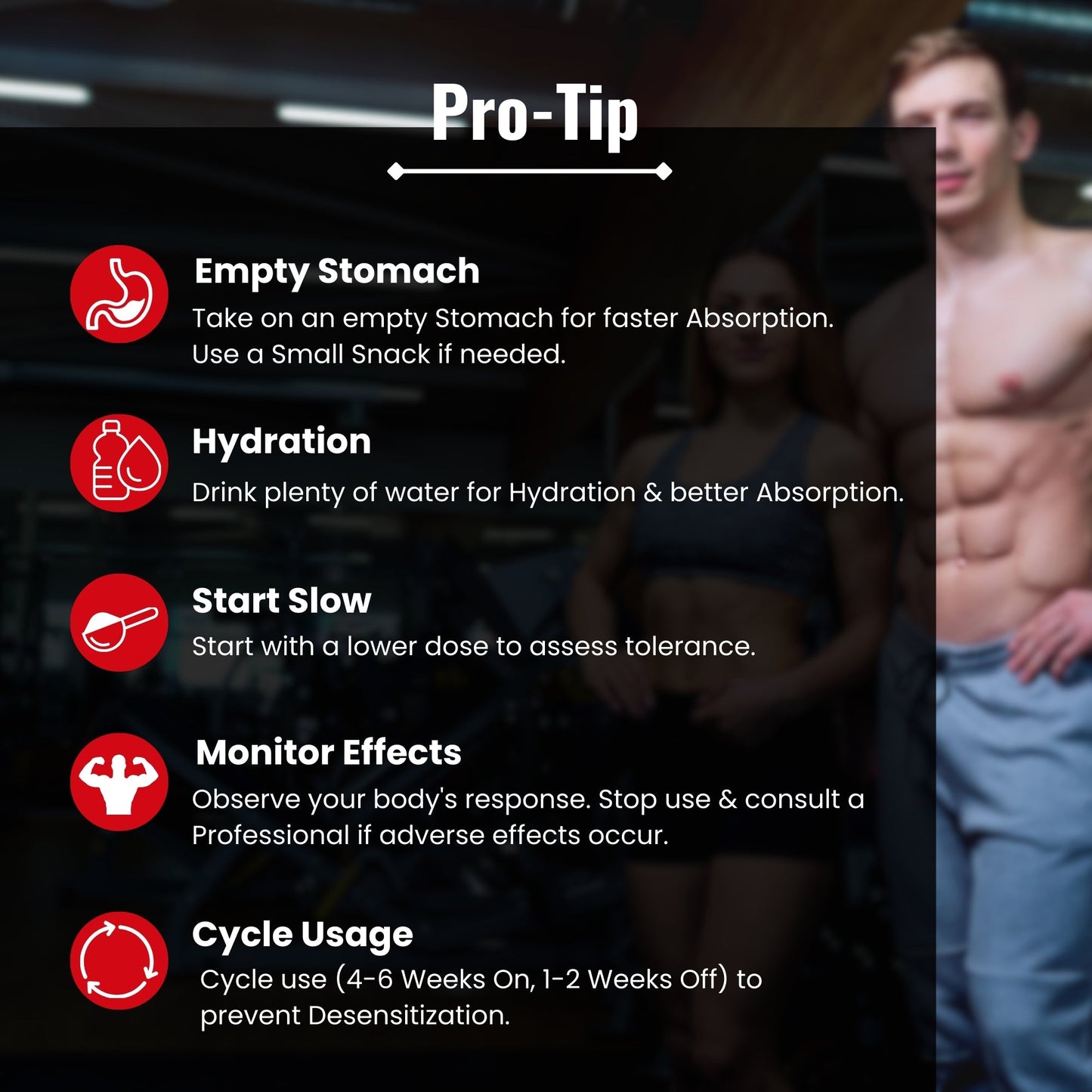 Slide featuring expert tips for optimal use of PowerUp Pre-Workout: consume 20–30 minutes before training, stay hydrated, avoid taking close to bedtime, and stack with BCAA or creatine for enhanced performance. Designed to maximize workout results safely."