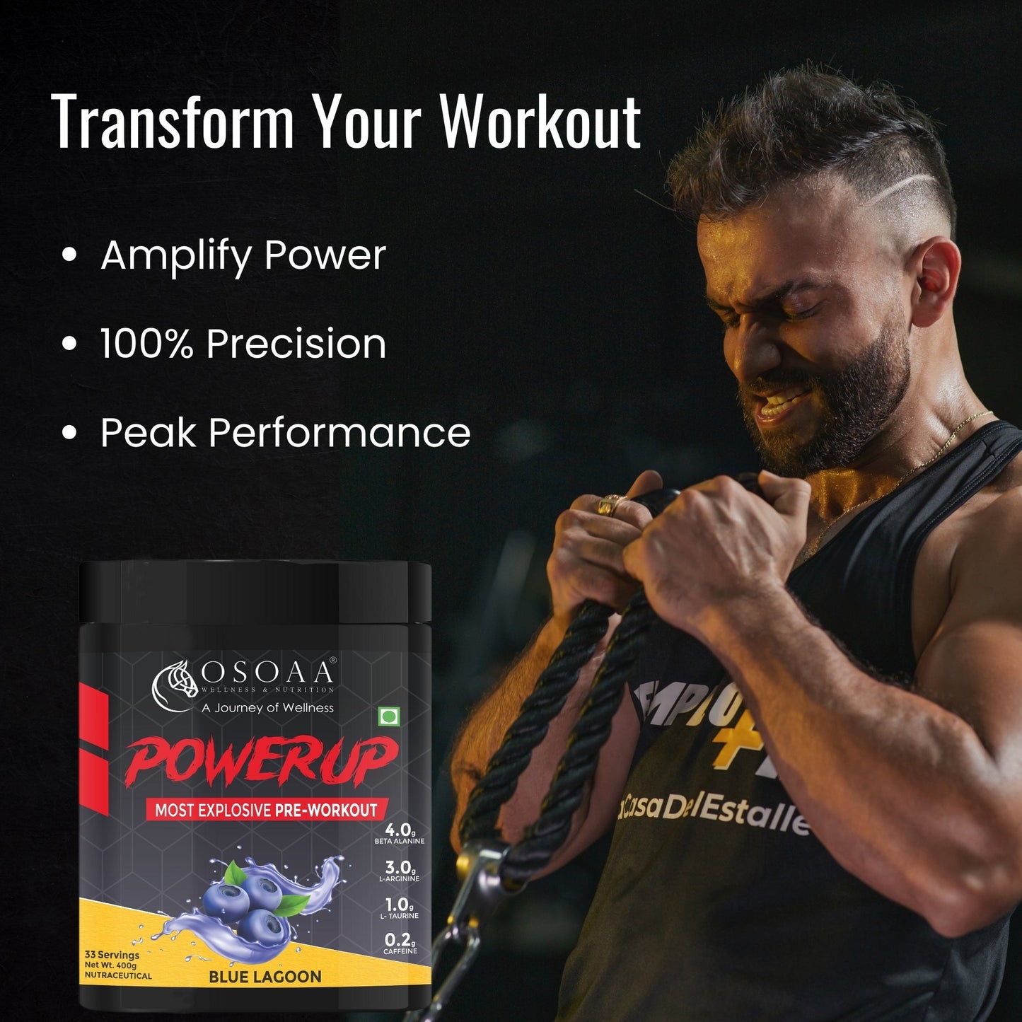 Slide outlining PowerUp's USPs like quick absorption, optimal caffeine dosage, clean ingredient profile, and no crash post-workout. Emphasizes its scientifically backed formula designed to deliver sustained energy and sharp mental clarity during training.