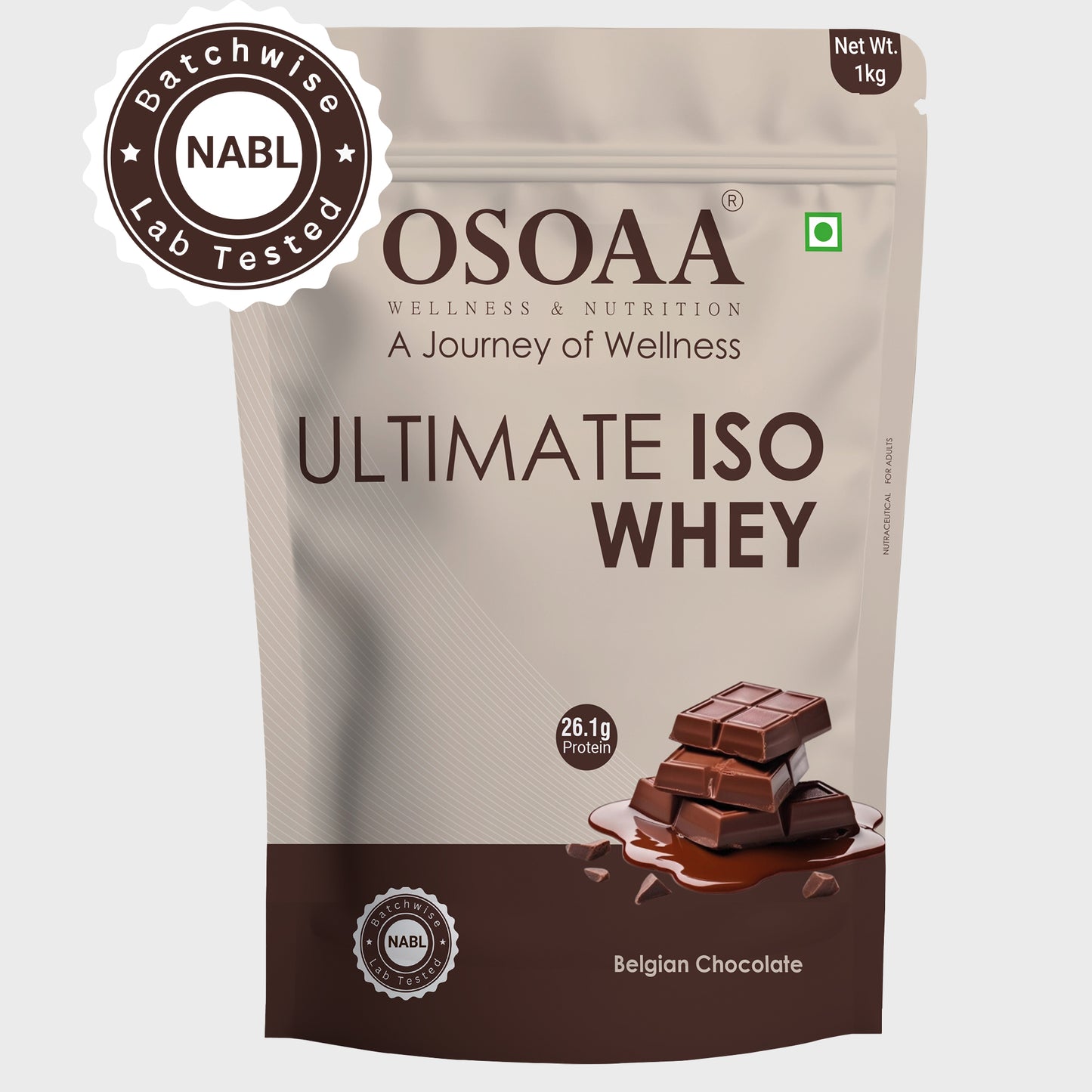 OSOAA Ultimate ISO Whey Protein Isolate 1kg Belgian Chocolate flavor with 26.1g protein per serving, ideal for muscle recovery and fitness goals.
