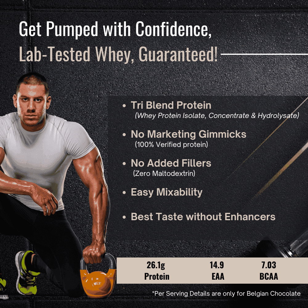 Product image of a protein supplement with key features highlighted, including 25g protein per serving, zero added sugar, gluten-free, supports muscle recovery, and enriched with BCAAs and essential vitamins.