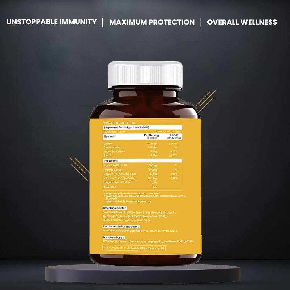 Close-up of OSOAA Vitamin-C + Zinc bottle, 120 tablets to support immunity, skin, and antioxidant health