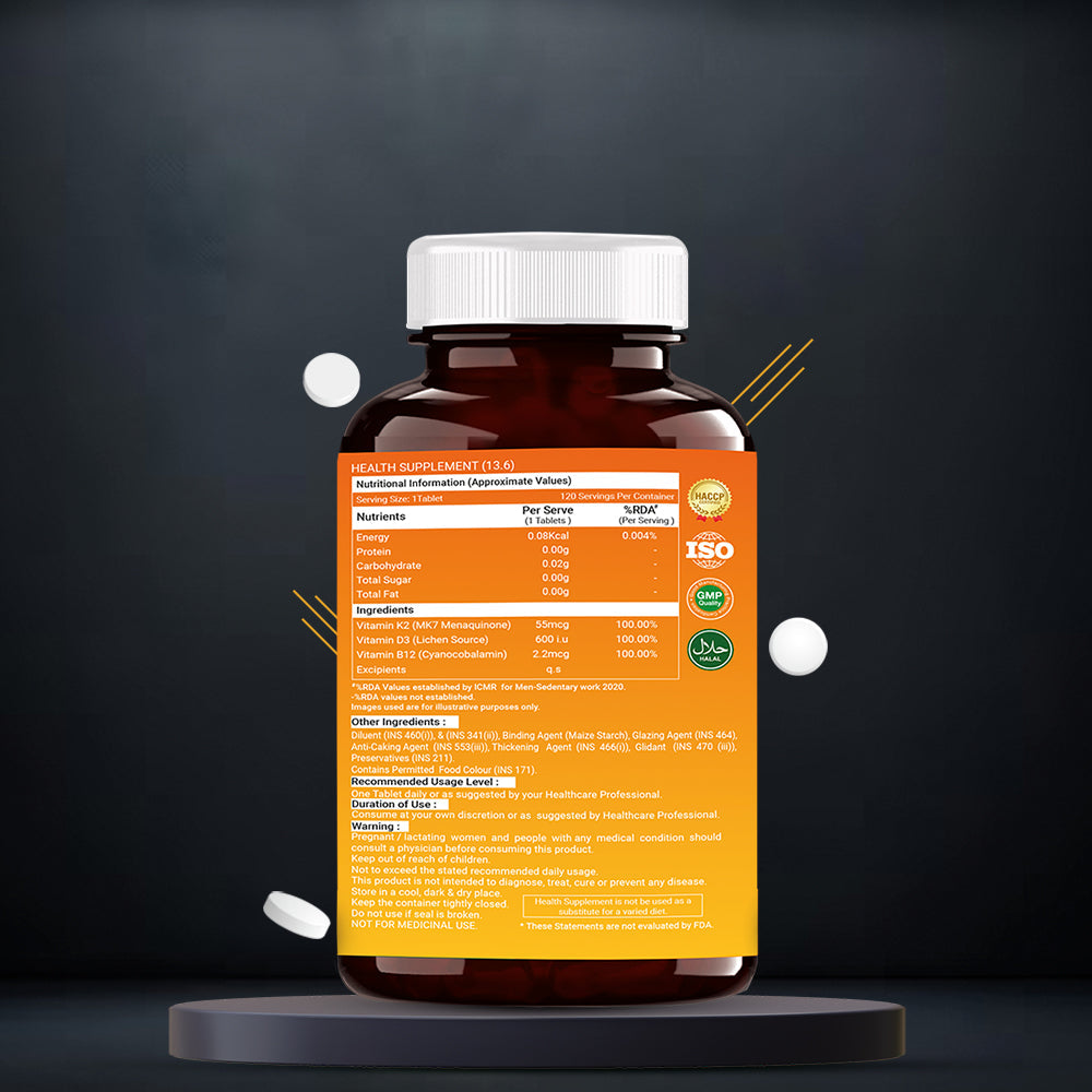 OSOAA bottle showcasing 120 vegetarian tablets combining essential vitamins D3, K2, and B12 for holistic health.