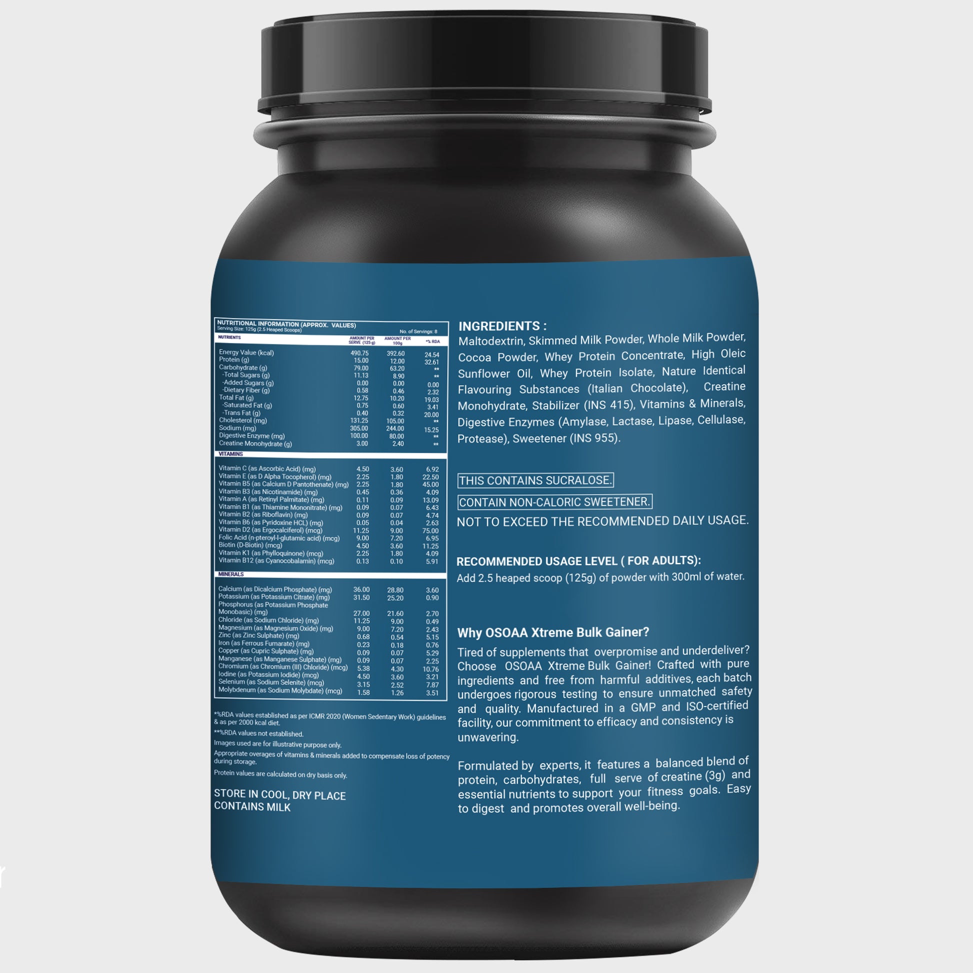 Back view of bulk Gainer supplement bottle displaying the Nutrition Information (NI) table, detailing the macronutrient content including protein, carbohydrates, fats, creatine dosage, and vitamins. Also includes serving size, recommended daily intake, and additional product details such as storage instructions and manufacturer information.