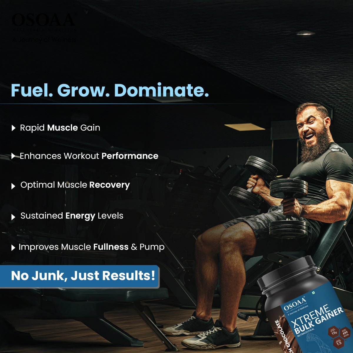 Slide highlighting the benefits of bulk Mass Gainer, including support for lean muscle growth, increased strength and energy during workouts, enhanced recovery, balanced nutrient profile with high-quality protein and low sugar, and an ideal formula for individuals looking to gain muscle without excess fat.
