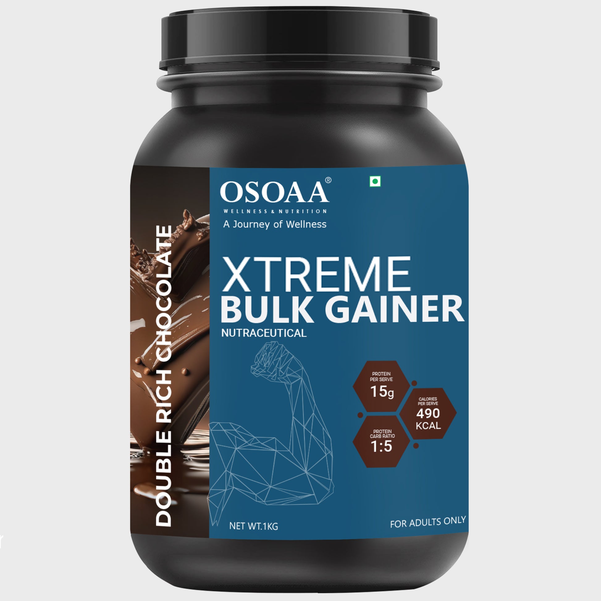 Front view of bulk Gainer supplement bottle featuring bold, athletic packaging with key highlights like 'Supports Lean Muscle Growth', 'High Protein, Low Sugar', 'Helps with Weight Gain and Strength', and 'Packed with Nutrients for Optimal Recovery'